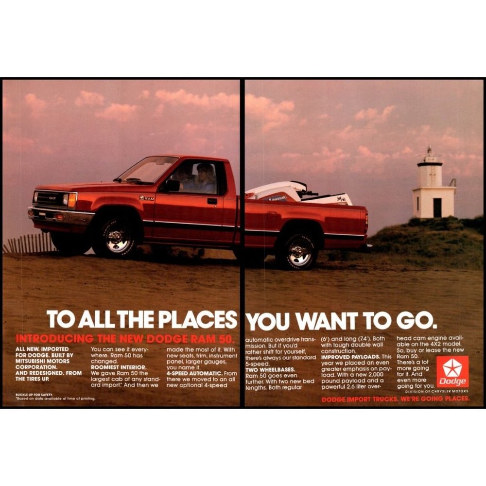 1987 Dodge Ram 50 Pick Up Truck 2 Page Vintage Print Ad Beach Lighthouse Photo